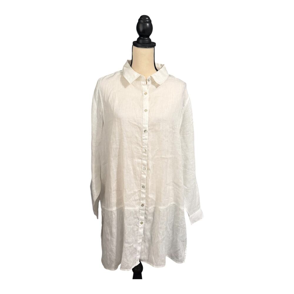 Tahari Women White 100% Linen Lagenlook Roll Tab Sleeve Tunic Top Sz 1X XL Beach